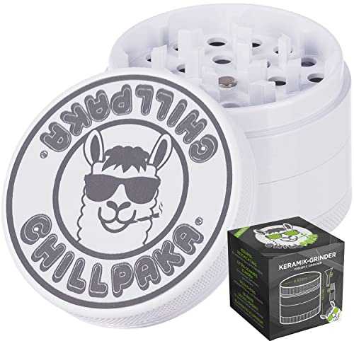 CHILLPAKA® Premium Keramik Grinder Crusher | ø63mm groß Weiss | messerscharfe Kräutermühle mit haftfreier Keramikbeschichtung | inkl. Pollenschaber + Pinsel