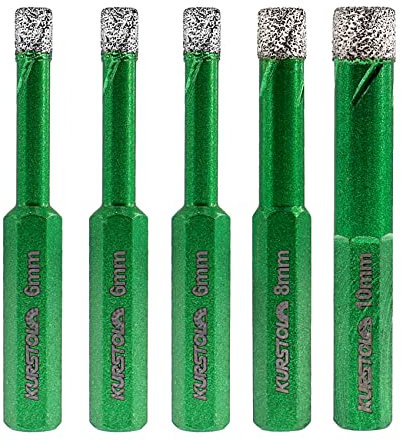 KURSTOL Forets Diamant pour Carrelage - 5pcs 6/6/6/8/10mm Scie Cloche avec Tige Hexagonale pour Carrelage Céramique Porcelaine Marbre Granit