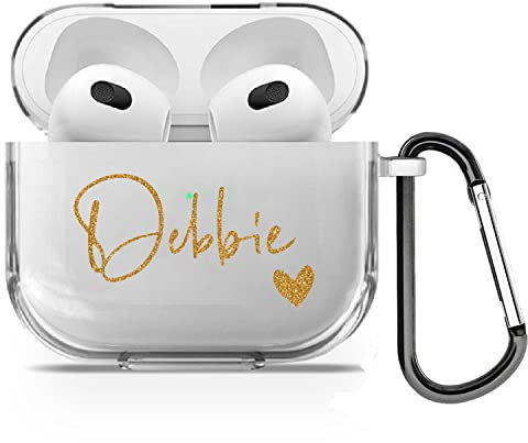 Custodia personalizzata personalizzata in morbido TPU trasparente con qualsiasi nome, iniziale, testo, design personalizzato per AirPods – nome e cuore oro rosa – per AirPods 3