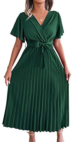 Women's Elegant Belted Pleated Flounce Sleeve Long Dress Wrap V Neck A-Line Pleated Hem Flowy Swing Midi Dresse (Green, Large)