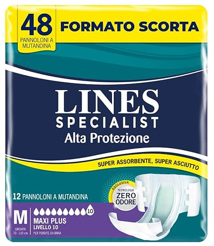 Lines Specialist Pannolone a Mutandina Maxi Plus per Incontinenza Donna e Uomo, Alta Protezione fino a 12 ore, Zero Odore, Taglia M, Scorta Mensile, Confezione da 48 Unità