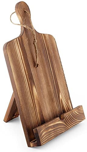Kochbuchständer, Rezeptbuchhalter mit Holzschneidebrett-Design, Kochbuch mit Ständer auf der Rückseite für praktische Arbeitsplatte oder Schnur zur Wandmontage, iPad und Tablet, freihändiger Ständer,
