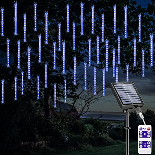 DINOWIN Solar Meteorschauer Lichterkette Außen Mit Fernbedienung Wasserdichte Lichterketten Licht aus 30cm 8 Tubes Schnur 288LEDs Fallende Regenlichter für Hochzeitsfeier Weihnachtsbaum (Blau)