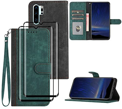 Hoyoikun Funda Compatible con Huawei P30 Pro,Regalar 2 Piezas Protector de Pantalla.Flip Leather Edition,Funda de Cuero PU con Cáscara de TPU,[Soporte Plegable] [Cierre magnético]-Verde