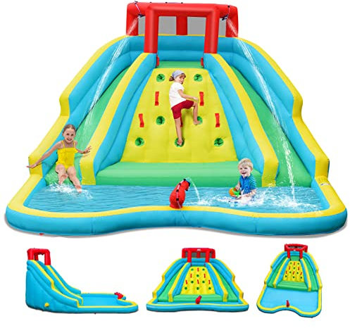 GOPLUS Castillo Hinchable para Niños, Hinchable Grande con Zona de Salto de Pared de Escalada y Tobogán para Fiesta del Agua de Verano, Adecuado de 3 a 10 Años, 452 x 366 x 229 cm