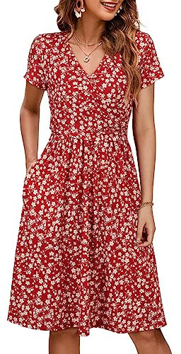 OUGES Sommer Damen Stillkleid V-Ausschnitt Umstandskleid Festlich 2025 Mode Midikleid mit Taschen-S