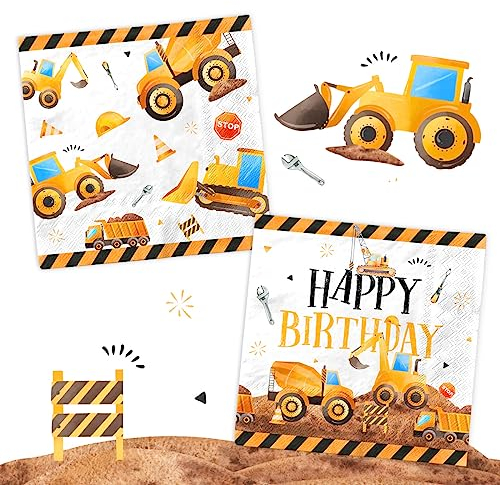 40 Stück Bau Geburtstag Party Supplies Servietten Weiß Traktor Muldenkipper Bau Thema Party Dekorationen Servietten Einweg-Papierservietten Tischdekorationen für Jungen Kinder