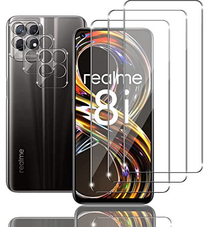 Ljietr 3+3 Pack Protector de Pantalla Compatible con Realme 8i, con 3 Pack Cristal Vidrio Templado y 3 Pack Protector de Lente de Cámara, Dureza 9H, Ultra Transparente