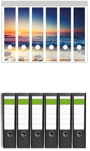 Wallario 6 Stück breite Ordner inkl. Klebeetiketten mit Motiv Sonnenuntergang am Meer mit Wellen am Strand - Set mit Rückenschildern/Ordnerrücken Stickern