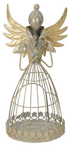 nostalgischer dekorativer ausgefallener Deko Engel mit Dutt als Windlicht Shabby grau mit Champagner-Gold antike Optik (Champagner-grau groß)
