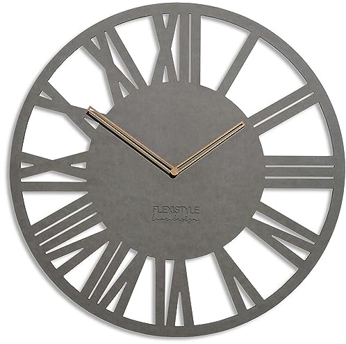 FLEXISTYLE Wanduhr groß Adulto 50cm Durchmesser LOFT Retro aus Holz Eiche ohne tickgeräusche Wohnzimmer (Grau)