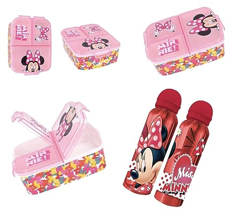 PELLECCHIA 1969 | Set Pranzo Scuola 2 Pezzi | Porta Merenda Scuola con 3 scomparti in Plastica BPA Free e Borraccia Alluminio da 500 ML realizzato per (Minnie Fan)