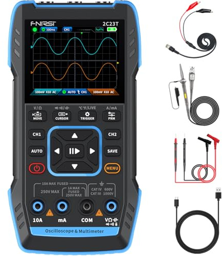 FNIRSI 2C23T 3 in 1 Handheld Oscilloscope Multimeter DDS Generator, 2 Channels, 10MHz Bandwidth, 50MSa/s Sampling Rate, 10000 Counts, Voltage, Current, Capacitor, Resistor, Diode Test