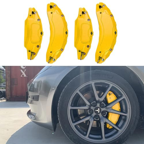 4 Pcs Car Brake Caliper Cover, for Tesla Model 3 Y 2017-2023, Aluminium Alloy Caliper Protector Cover, Car Disc Front Rear Kits for Wheel Hub, 18 Inch 19 Inch,Yellow-3