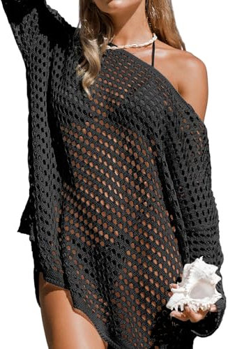 CUPSHE Women's Crochet Cover Up Cutout Drop Shoulder Long Sleeves Pullover Beachwear Top Blouse Black XL