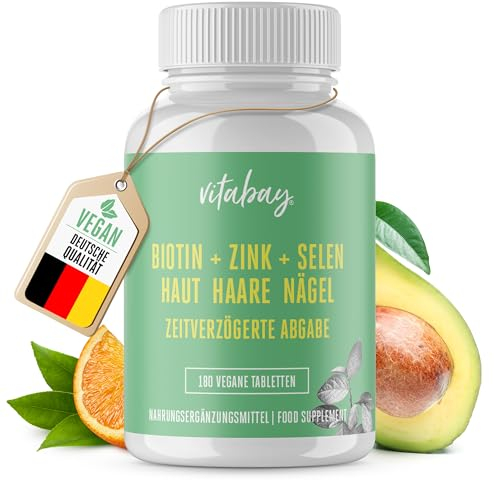Vitabay Biotin Hochdosiert 10000mcg 180 Tabletten Time Released & Vegan - Haar Vitamine Hair Vitamins Biotin Haare Zink Selen Haut Haare Nägel Kapseln - Haarvitamine für Frauen Tabletten