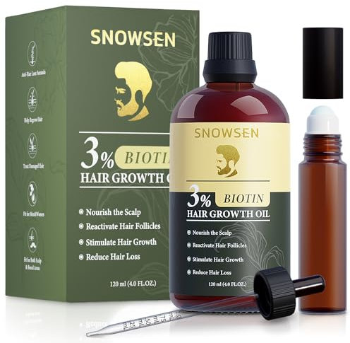 Biotin Hair Growth Oil 120ml, Hair, Beard, Eyebrow & Lash Enhancer with Dropper, For Men & Women, Non-Greasy & Easy Application, Hair Oil for Thicker, Healthier Hair Growth, Includes Roll-On Bottle
