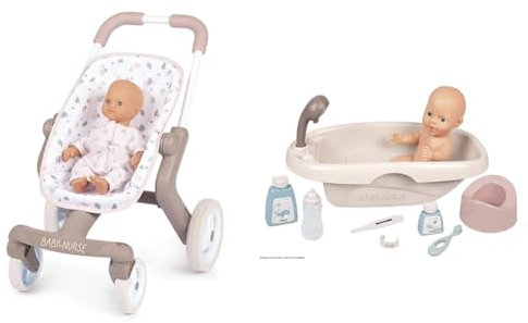 Smoby - Baby Nurse - Poussette Pop - pour Poupons et Poupées - Roues Avant & Baby Nurse - Set Baignoire et Accessoires - pour Poupons et Poupées - 8 Accessoires Inclus - 220366 - Beige