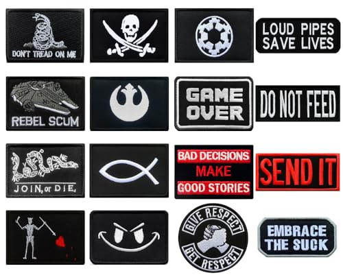 16 Pieces Embroidery Patches Tactical Patches,Full Embroidered Appliques for Tactical Loop and Hook Military Funny Flag Patch for Backpacks,Hats,Clothes,Jeans,Caps,Jacket,Vest,Bags Etc