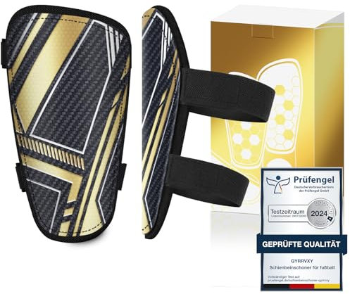 Schienbeinschoner Kinder Fussball - Prüfengel Zertifizierte Schienbeinschoner für Fußball mit Verstellbarem Klettverschluss, Schienbeinschoner Fußball mit Hautfreundliches Samttuch(Schwarzes Gold, S)