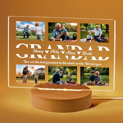 Personalised Grandad Gift Christmas Birthday Photo Gifts for Grandad from Grandchildren 7 Colors Night Light Acrylic Plaque Christmas Memorial Gifts Best Grandfather Gifts(Granddad)