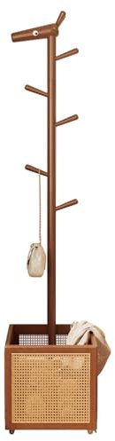 AQIMUELE Joli porte-manteau en bois autonome avec 5 crochets, arbre à manteaux avec panier de rangement pour chambre à coucher, entrée, salon (blanc)