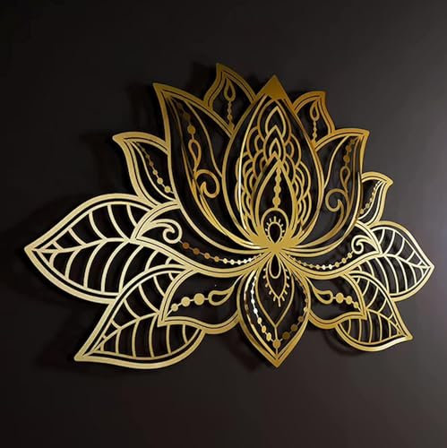 Große Metall-Mandala-Wanddekoration, Metall-Lotusblumen-Wandkunst, Meditation, Yoga, Zen-Heimdekoration, Metall-Wandsilhouette für Wohnzimmer, Schlafzimmer, Büro und Yoga-Raum, Gold, 50 x 32
