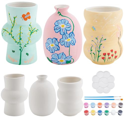 WEBEEDY 3 Sets Vase Pottery Painting Kit Ceramic Painting kit for Adults Paint Your Own Vase Unpainted White Vase for Art Painting Party Fun Activity Home Decor, Birthday Gift (3 Shapes)