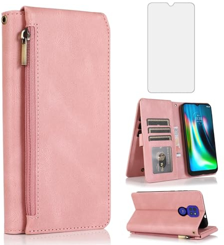 Asuwish Handyhülle für Motorola Moto G9 Play/E7 Plus Hülle mit Band Folie Schutzfolie Kartenfach Klappbar Leder Geldbörse Ständer E7Plus/G 9 Handy Hüllen Schutzhülle Handyhüllen Phone Case Roségold