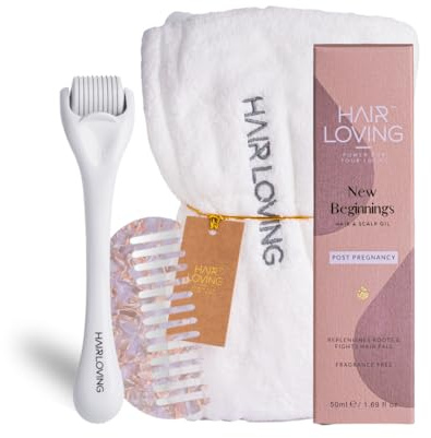 Hair Loving New Mum Hair Revival Kit - Postpartum (New Beginnings) – 4-Step Hair Revival Kit | New Beginnings Hair Oil, Derma Roller, Wide-Tooth Comb & Towel Wrap | Vegan & Cruelty-Free