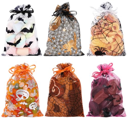 Bigqin 60 Stück Organza Geschenktüten 10x15cm, Transparent Halloween Organzasäckchen mit Kordelzug, Halloween Geschenkbeutel Organza Säckchen Süßigkeiten Tüte Zum Befüllen -6 Muster