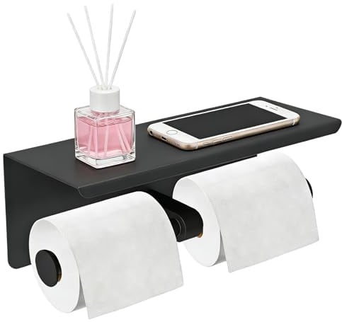 Double Toilet Paper Holder Wall Mounted, Stainless Steel Tissue Paper Holder with Shelf Anti -Rust Toilet Paper Dispenser for Bathroom (Black)