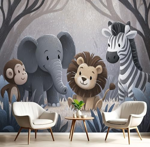 Papier Peint Panoramique 400X280Cm Zèbre Lion Éléphant Singe Impression Forêt Dessins Animés Papier Peint Décoration Murale Poster Gris Anthracite Fresque Murale Salon Chambre Á Coucherr Bureau Salle