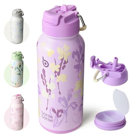 BOTTLE BOTTLE Bouteille d'eau isotherme 950ml (32oz) en acier inoxydable pour sport avec paille et couvercle à double usage, design de gourde pour salle de sport avec boîte à pilules (Violet Cultivé)