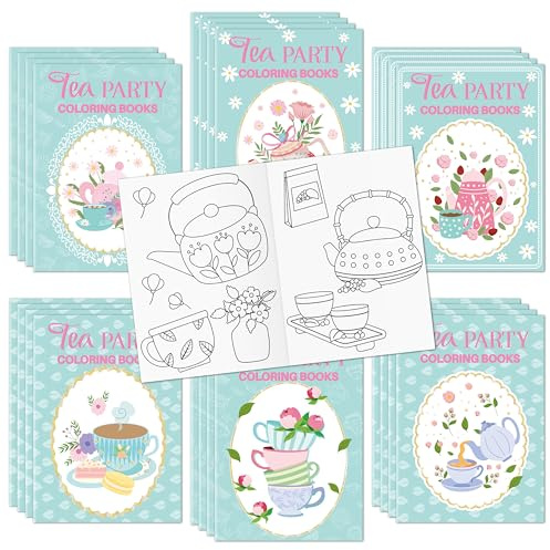 2OOYA 24Pcs Floral Coloring Books for Kids Party Bulk, 6-Style Elegant Tea Party DIY Color Pages Activity Books, Mini Pocket Teapots Cups Painting Game for School Prizes Classroom Reward Birthday Gift