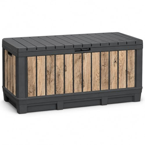 Koll Living Gartenbox Kentwood 350 Liter Stauraum in Holzoptik Pinie | Aufbewahrungsbox mit Sitzfunktion für Sitzauflagen, Gartengeräte oder Kinderspielzeug | wasserdicht & gut belüftet