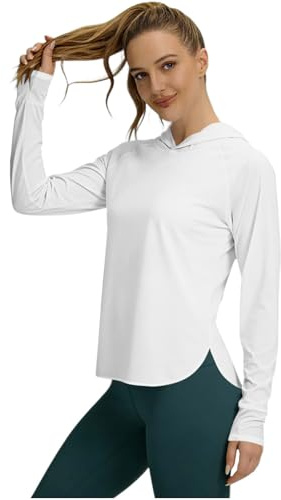 UPF 50+ Rashguard Shirts Damen Langarm Hoodie UV Schutz Sweatshirt Sonnenschutz Sportshirt Schnelltrocknend Funktionsshirt Einfarbig bequeme Laufshirt leicht Langarmshirt Dünn Oberteil