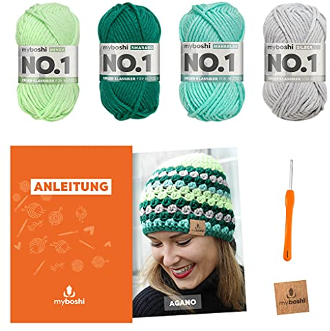 myboshi Häkelset Mütze Agano, inkl. No.1 Wolle, Nadel und Anleitung, für Mützen und Schals, Häkelpaket, 30% Merinowolle Grün, Grau mit Häkelnadel