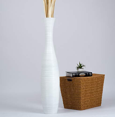 Leewadee Große Deko Bodenvase Für Dekozweige, Hohe Standvase Für Pampasgras, Design Holzvase, 110 cm, Weiß