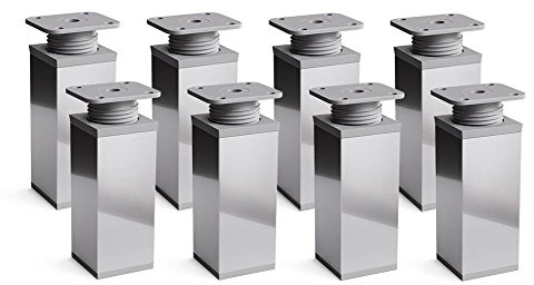 Sossai Pieds de Meuble Design MFV1 – Lot de 8 éléments réglables en Hauteur, Finition chromée Brillante, H 80 mm, Profil à Quatre côtés, pour Armoire, Commode