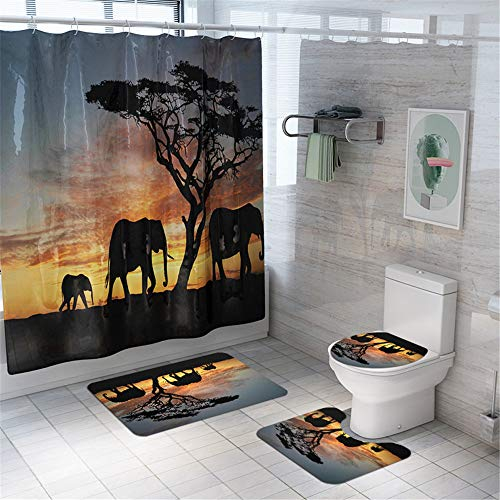 Enhome 4-teiliges Badvorleger-Set Duschmatte + Kontur Matte + WC-Deckelbezug + Duschvorhang, rutschfeste Badvorleger für Küche, Dusche und Toilette - Tierwelt 3D-Druck (Elefant-B)