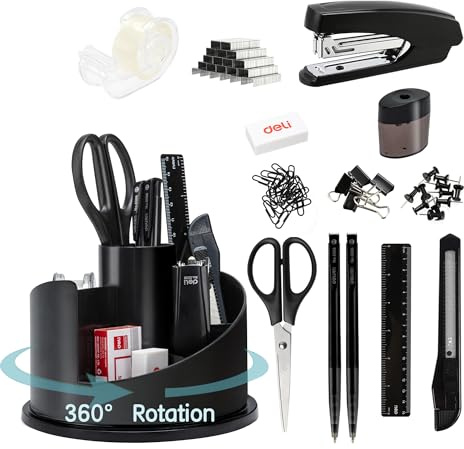 deli Drehbarer Schreibtisch-Organizer für Bürobedarf, Geschenk-Set mit Klebebandspender, Stiften, Hefter, Binderklammern, Spitzer, Schere, Radiergummi, schwarz