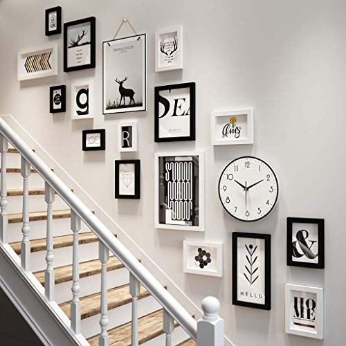 ZXW Set da Parete per Foto di Scale 18 Pezzi, Combinazione di cornici da Appendere con Decorazioni Moderne per Cambiare Foto, 16 cornici e 2 Tipi di Accessori -Nero + Bianco
