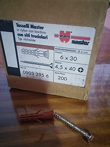 Fisher Tassello 6Ø 6mm Wurth con di vite. Confezione da 100 viti e 100 tasselli