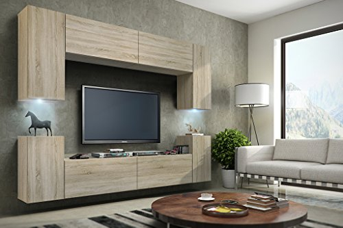 Furnitech Wohnwand Wohnzimmer | Wohnzimmer Möbel mit LED Weiß | Hängend Wohnwand Modern | Wohnzimmer Schrankwand mit Regale und TV Schrank (Future C1/S/M4 1A)