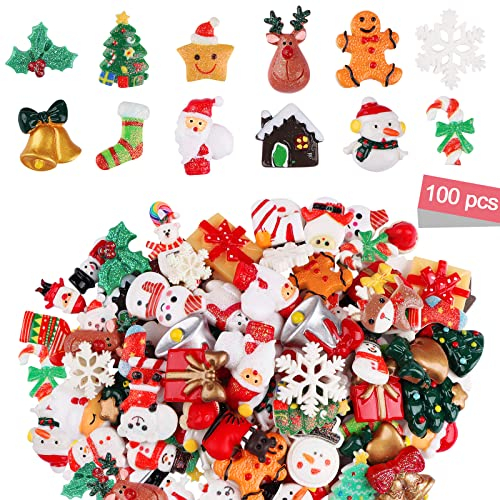 100 Stück Weihnachten Miniatur Ornamente, Kalolary Harz flache Rückseite Miniatur Weihnachtsmann Schneemann Baumglocke Harz-Anhänger Dekoration für Handyhülle Ohrringe Familie DIY Handwerk