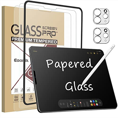 Esanik [2+2 Pièces Protection écran Papier pour iPad Pro 11 2022(M2)/2021/2020/2018, iPad Air 5 (2022)/ iPad Air 4 10,9 Verre Trempé Mat avec Camera Objectif, Vitre Anti-Reflection Feel Like Paper