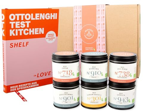 Rimoco Ottolenghi Geschenkset TEST KITCHEN: SHELF LOVE - Set Inhalt: Test Kitchen Kochbuch, Garam Masala 65g, Zatar 50g, Pul Biber 70g, Kreuzkümmel (Cumin) ganz 60g, Kurkuma 60g, Bio Sumach 60g