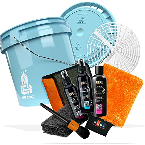 10 teiliges Autowasch Bundle – ADBL Synthetic Spray Wax, Snowball Auto Shampoo, Vampire Liquid, Waschhandschuh, Tuch, Pinsel, Magic Bucket 3,5GAL & Deckel baby blau, Grit Guard, detailmate Tuch