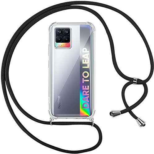 Pnakqil Handykette Hülle für Oppo Realme 8/8 Pro 4G 6.4, Handyhülle mit Band Kordel Necklace Schnur Airbag Anti-Fall für Realme 8 Pro 4G Weich Silikon Cover mit Kette zum umhängen, Schwarz
